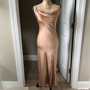 Nude Scoop Neck Dress With Slit